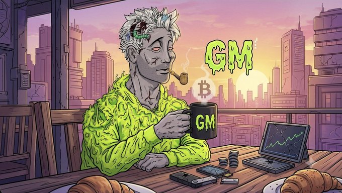 Digital illustration of a zombie-like character with a 'GM' face tattoo wearing a green hoodie, smoking a pipe and holding a 'GM' mug in a cyberpunk city setting with a Bitcoin logo.