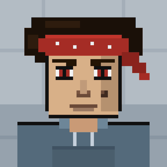 A pixel art portrait of a man with dark hair wearing a red bandana and a blue shirt with a hood, set against a light blue background.