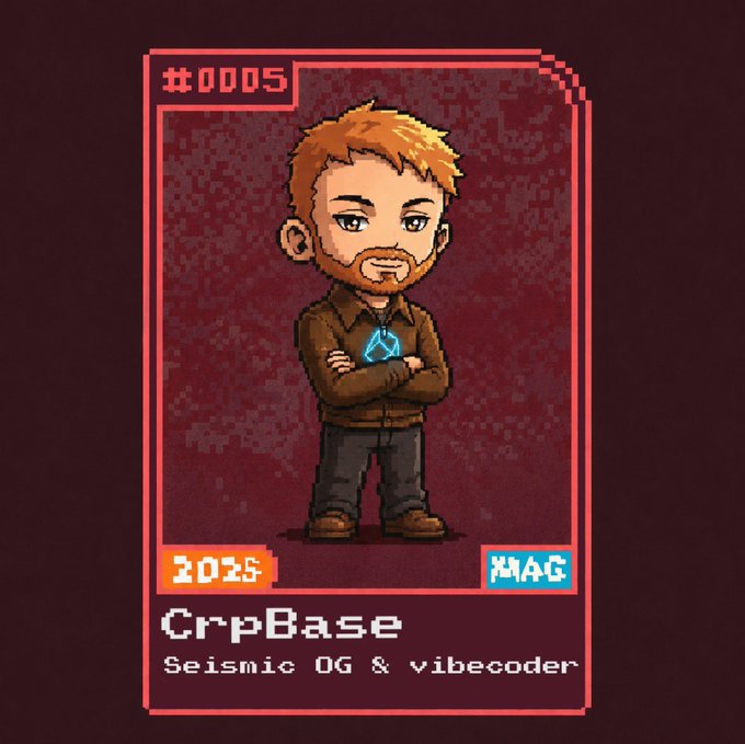 A pixel art collectible card numbered '#0005' depicting a character named 'CrpBase' described as 'Seismic OG & vibecoder', wearing a brown jacket with the Avalanche (AVAX) logo, dated 2025.