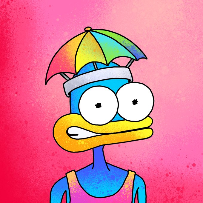 A digital illustration of a cartoon duck character with wide eyes, a yellow bill, and a blue body, wearing a small, multicolored umbrella hat against a pink splatter background.