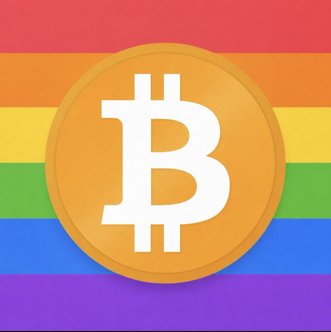 A golden Bitcoin (₿) coin is centered against a rainbow pride flag background. The image likely symbolizes the cryptocurrency's association with or support for LGBTQ+ causes amid the post's concerns about crypto market troubles.