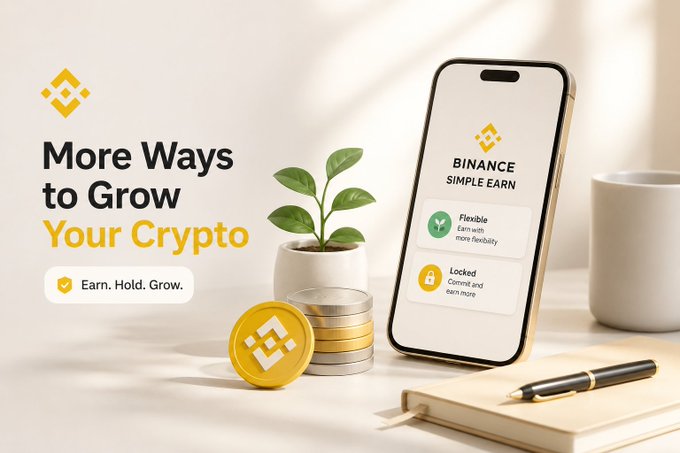 A Binance advertisement displaying the text 'More Ways to Grow Your Crypto' and 'Earn. Hold. Grow.' alongside a smartphone showing the Binance Simple Earn app interface and gold Binance coins stacked on a desk.
