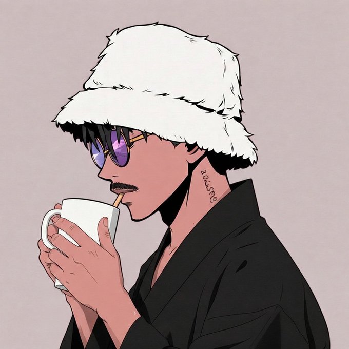 An anime-style illustration of a dark-skinned man wearing a fluffy white bucket hat, purple-tinted sunglasses, and a black shirt, sipping from a white mug.