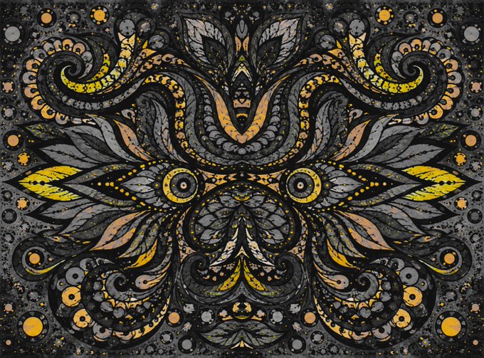 The image features a black and gold patterned design with a large, ornate flower at its center. The flower has yellow petals and a brown center, creating an eye-catching contrast against the dark background. The design appears to be a sketch or illustration of a flower, possibly transformed into something else entirely. The post includes text that reads "Gm dear friends A forgotten sketch transformed into something else altogether Eclipse Bloom 1/1 $XRP #XRPCOMMUNITY".