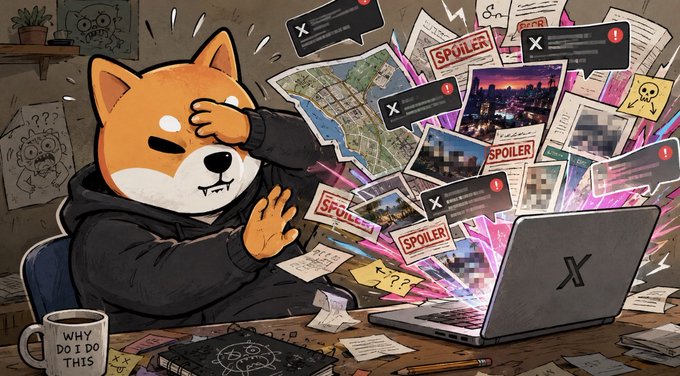 A Shiba Inu in a black hoodie facepalms at a laptop displaying the X logo, overwhelmed by a chaotic explosion of "SPOILER" alerts, city maps, and pixelated game screenshots. A coffee mug on the desk reads "WHY DO I DO THIS," perfectly capturing the frustration of accidentally seeing major plot leaks just minutes after logging on, humorously tying into the GTA 6 spoiler experience mentioned in the post.
