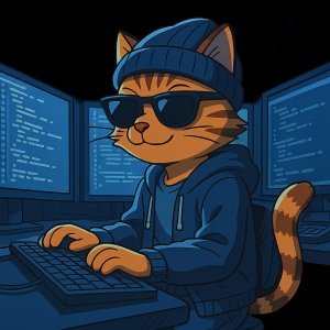 A cartoon illustration of an orange tabby cat wearing a blue beanie, sunglasses, and a hoodie, typing on a keyboard in front of multiple monitors displaying code.