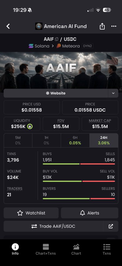 A mobile screenshot of the American AI Fund (AAIF) token page on Solana/Meteora DEX, showing a price of $0.01558, liquidity of $256K, FDV and market cap of $15.5M, with 1,951 buys and 1,845 sells in 24 hours.