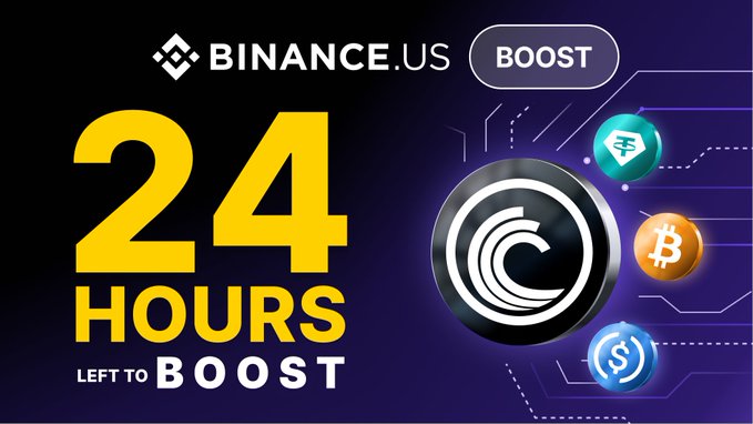 The image shows a Binance.US Boost promotional graphic with bold yellow text reading "24 HOURS LEFT TO BOOST," alongside the Binance.US logo and crypto coin icons. This aligns with the post announcing the final 8-hour window of a $100K BTT distribution event, serving as a countdown reminder for users to participate before the boost ends.