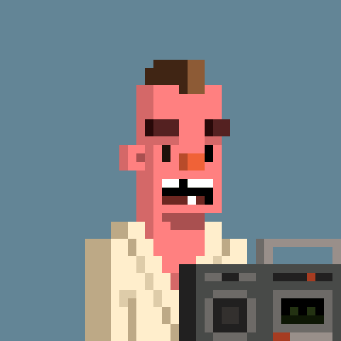 A pixel art illustration shows a stylized man with a pink complexion, brown hair, an angry expression, and a wide grin, sitting in front of what looks like a computer monitor against a blue background.