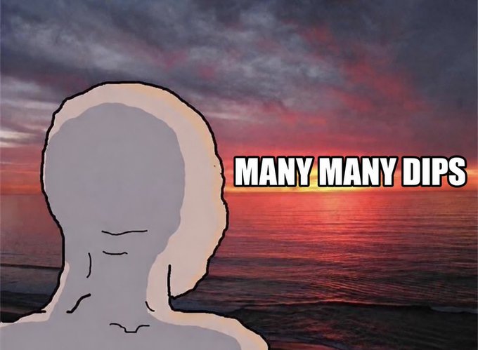 A 'Soyjak' meme featuring a faceless drawn figure facing a sunset over the ocean with overlaid text reading 'MANY MANY DIPS'.