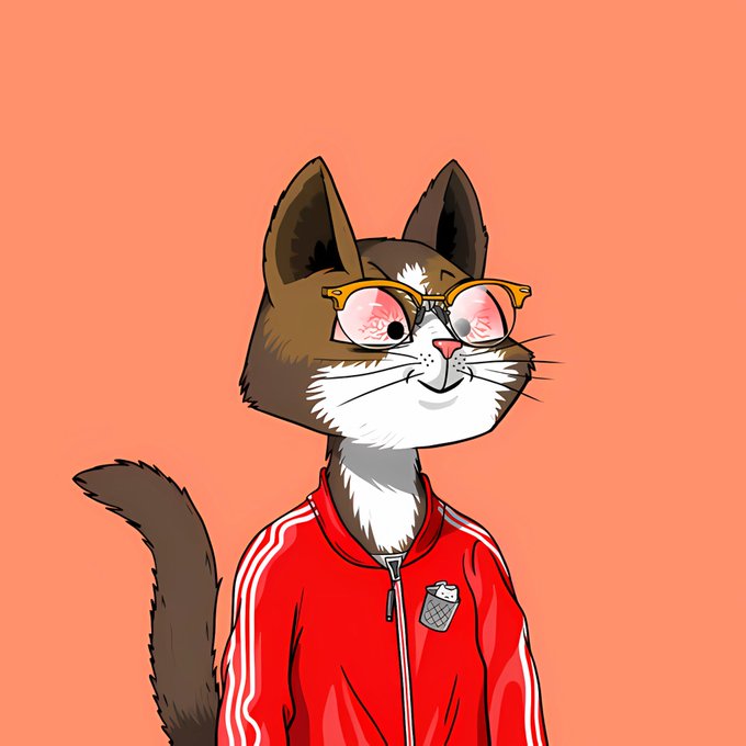 An illustration of a brown and white cat wearing yellow-tinted glasses and a red Adidas track jacket against a peach background.