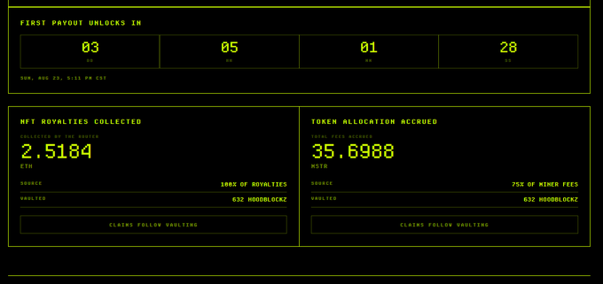 A dark dashboard interface with green digital text displaying a countdown timer showing '03 DD 05 SS 01 MM 28 SS' for 'FIRST PAYOUT UNLOCKS IN', alongside 'NFT ROYALTIES COLLECTED 2.5184 ETH' and 'TOKEN ALLOCATION ACCRUED 35.6988 $MOHR', with 'CLAIMS FOLLOW VAULTING' buttons.