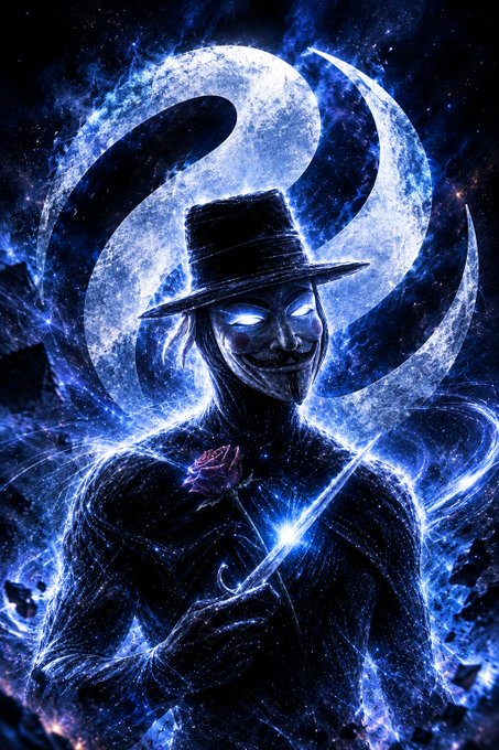 An illustrated figure wearing a hat and a white mask, holding a red rose against a cosmic blue background with a large swirling symbol behind him.