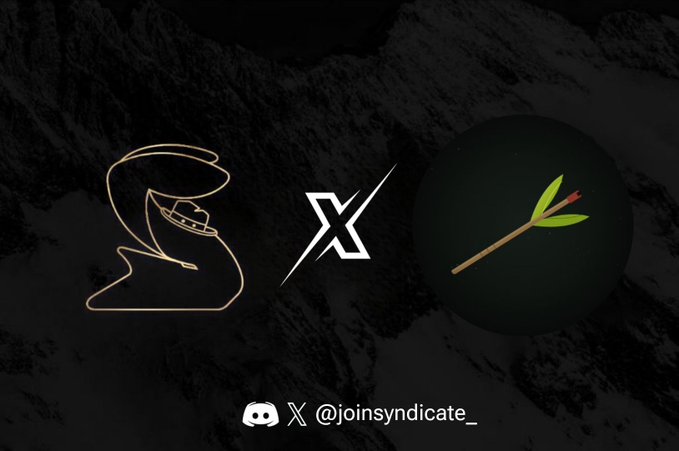 A graphic with a dark mountain background showing two stylized logos separated by an "X" and the handle "@joinsyndicate_" at the bottom.