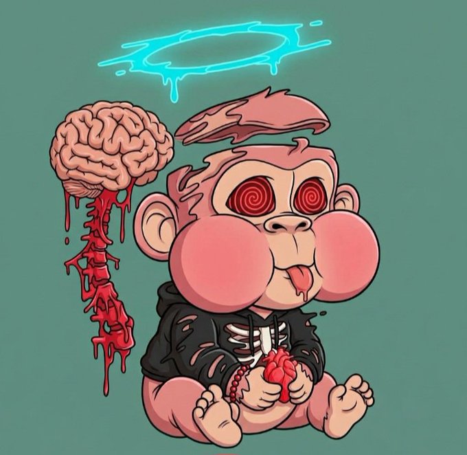 A grotesque cartoon illustration of a pink baby monkey with swirled hypnotic eyes, holding a bleeding heart, with a bloody exposed brain and dripping spine beside it, under a glowing cyan halo.