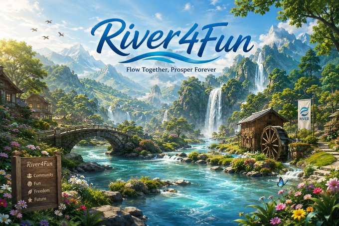 A fantasy landscape promotional banner for 'River4Fun' with the tagline 'Flow Together, Prosper Forever,' featuring a picturesque river valley with waterfalls, a stone bridge, a watermill, and a wooden signboard listing 'Community, Fun, Freedom, Future.'
