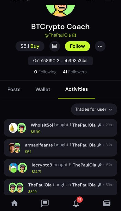 A screenshot of the BTCrypto Coach (@ThePaulOla) profile on a crypto trading platform shows recent trades in the "Activities" tab, including "lecrypto8 bought 5 ThePaulOla for $14.71" 57 seconds prior, illustrating the user's complaint about being out-sniped in a profitable $5-$12 trade.