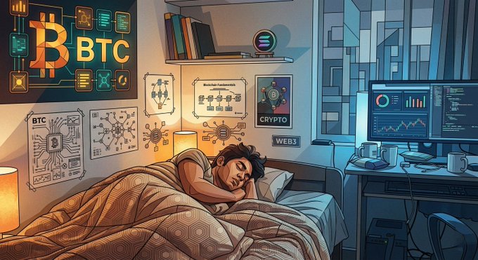 A stylized illustration of a person sleeping in bed surrounded by cryptocurrency and tech-themed decor, including a Bitcoin poster, a Crypto poster, a Web3 sign, and a computer displaying trading charts.