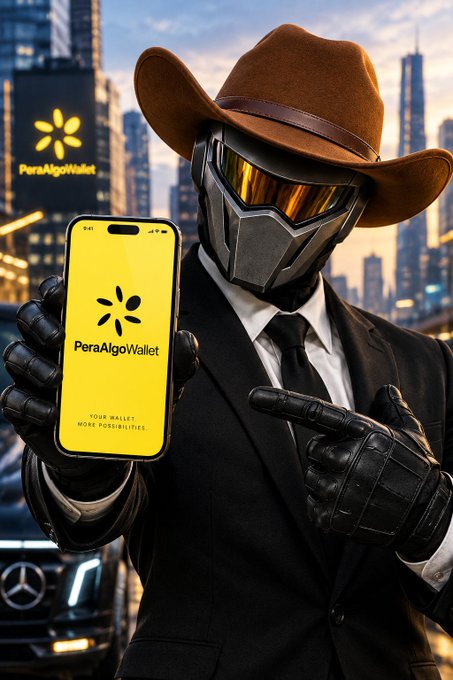 A digital rendering of a person in a cowboy hat and futuristic mask wearing a black suit and gloves, holding a smartphone displaying the PeraAlgoWallet logo with 'YOUR WALLET, MORE POSSIBILITIES' text.