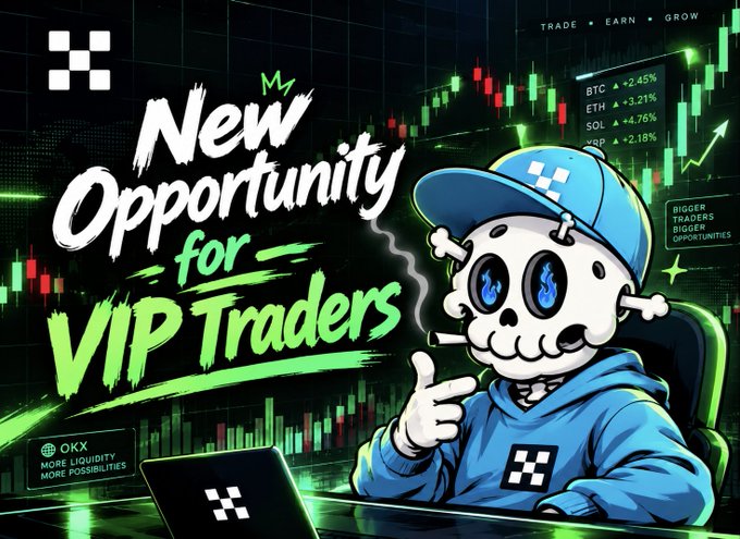 OKX cryptocurrency exchange advertisement with text 'New Opportunity for VIP Traders' featuring a cartoon skull character in a blue hoodie surrounded by trading chart graphics and cryptocurrency prices.
