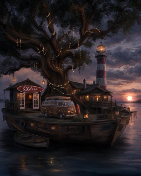 A fantasy digital artwork depicting a large tree with string lights growing from a wooden boat on water, accompanied by a vintage van, a 'Kildare' sign, and a red-and-white striped lighthouse under a sunset sky.