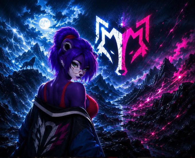 A digital art piece featuring a purple anthropomorphic character with glasses and a red top looking over her shoulder, set against a dramatic landscape with blue lightning on the left and pink/magenta energy on the right, with a stylized logo in the background.