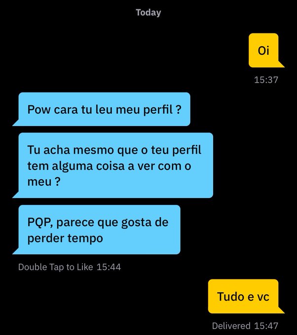The image shows a text conversation in Portuguese where the user initiates a playful exchange by saying "Oi" at 15:37, then teasing their match by asking "Pow cara tu leu meu perfil?" (Dang man, did you read my profile?) and "Tu acha mesmo que o teu perfil tem alguma coisa a ver com o meu?" (Do you really think your profile has anything to do with mine?), followed by the cheeky line "PQP, parece que gosta de perder tempo" (Damn, seems like you like wasting time). When the match finally replies at 15:47 with "Tudo e vc" (Everything and you), it perfectly captures the "playing the fool" vibe referenced in the caption, as the user intentionally wasted the match's time with a misleading teasing message before accepting.