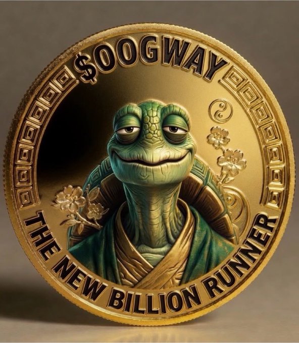 A gold commemorative coin featuring Master Oogway, the wise turtle from Kung Fu Panda, wearing traditional robes with floral accents. The coin displays the text "$OOGWAY" at the top and "THE NEW BILLION RUNNER" along the bottom edge, promoting the cryptocurrency's launch.