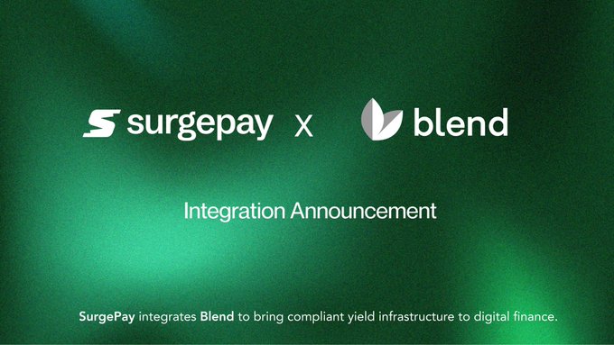 The image features a green background with white text. The text reads "Integration Announcement" followed by the names of two companies, "surgePay" and "blend Money", who are collaborating to bring complaint-free yield infrastructure to digital finance.