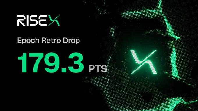 Black and green graphic for 'RISE' announcing an 'Epoch Retro Drop' of '179.3 PTS' with a stylized X logo.
