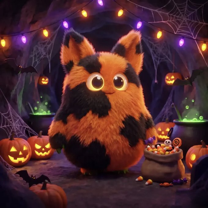 A fluffy orange and black cat-like creature with glowing eyes stands in a Halloween-themed cave setting, surrounded by carved jack-o'-lanterns, spider webs, glowing cauldrons, candy corn, and colorful string lights. The spooky, cute aesthetic ties into the giveaway post by giving the promotion a festive, eye-catching Halloween vibe to attract engagement, though no specific names, tickers, or addresses are visible in the image itself.