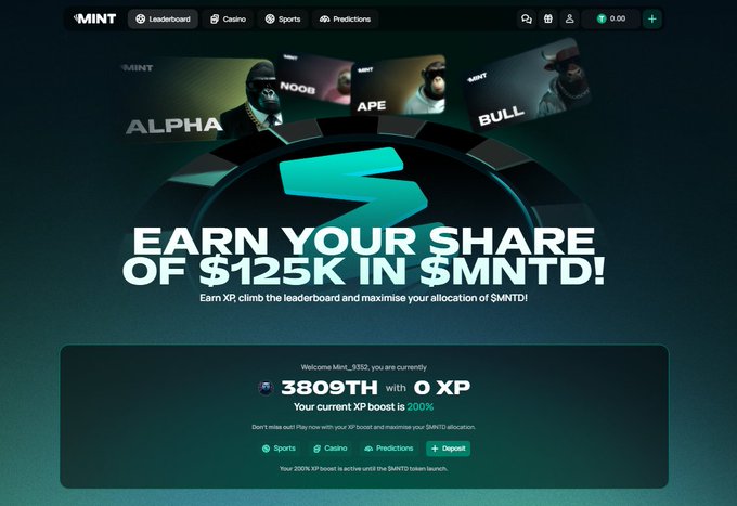 A promotional screenshot from a website called MINT advertising '$125K IN $MNTD!' with categories for ALPHA, NOOB, APE, and BULL, showing a user profile at 200% XP boost.
