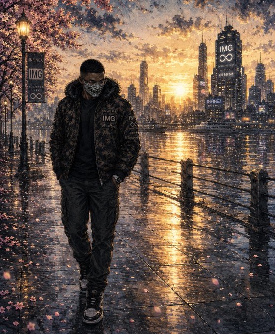 A masked figure in a dark jacket walks along a wet waterfront promenade with cherry blossoms, set against a sunset city skyline featuring 'IMG' branded skyscrapers.