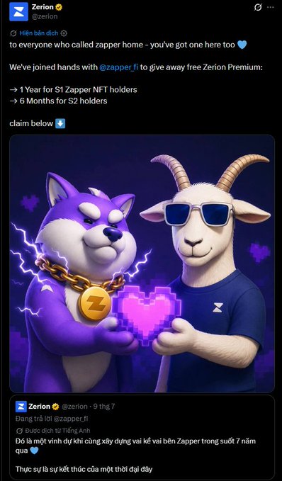 A Zerion (@zerion) social media post announcing a partnership with @zapper.fi to give away free Zerion Premium (1 year for S1 Zapper NFT holders, 6 months for S2 holders), featuring an illustration of a purple cat and a goat in sunglasses holding a pixelated heart.