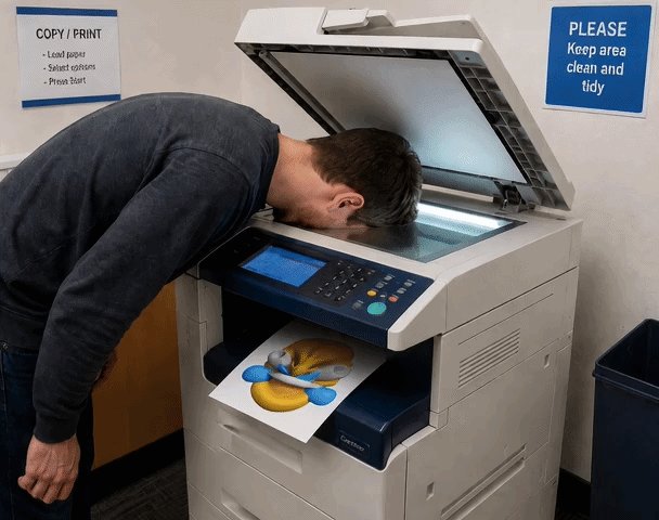 In the image, a man is leaning over an open copier machine with his head inside of it. He appears to be looking at a piece of paper that has an image of a smiling face printed on it. The text "copy printer" can also be seen in the image. This suggests that the man might have been printing out a document or photo, and he is now examining the printed item with his head inside the machine.