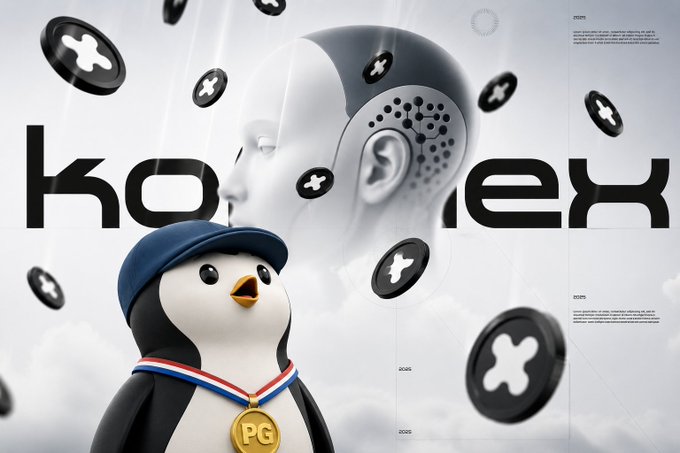 The image features a penguin wearing a blue cap and a medal with "PG" on it, alongside a sleek robotic head, surrounded by floating coin tokens with plus signs, with the text "KONNEX" visible in the background. This visually represents the post's description of Konnex World as a platform building infrastructure where robots and AI can find tasks, solve them using specialized AI, and get paid—symbolizing the intersection of robotic agents and crypto rewards.