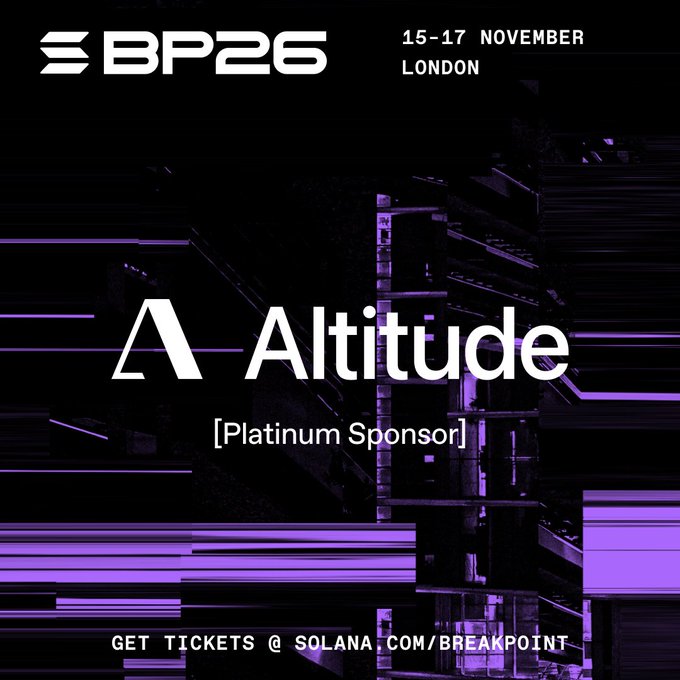 Promotional graphic for BP25 (Breakpoint 2025) on 15-17 November in London, featuring 'Altitude' as a Platinum Sponsor with purple glitch-style design.