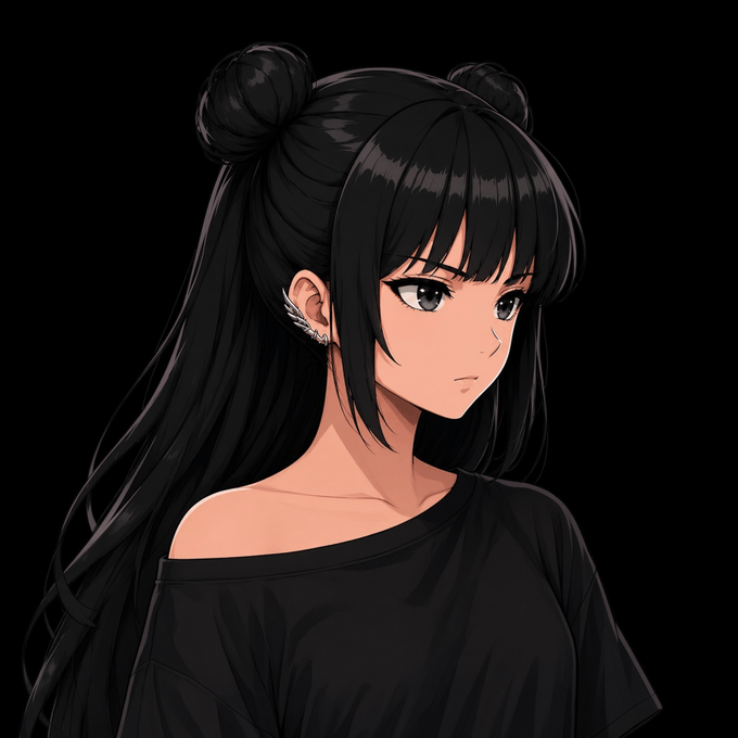 An anime-style illustration of a girl with long black hair styled in twin buns, wearing a black off-shoulder shirt against a black background.