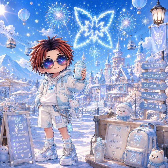 The image features a man dressed in white, standing next to a wooden bench with various items displayed around him. The scene includes several backpacks, teddy bears, and other objects scattered throughout the area. There are also some signs visible in the background that read "X9", which could be related to the market or an event taking place nearby.