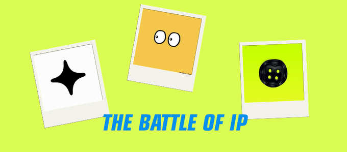 Graphic with a neon green background and polaroid-style frames showing a black star, cartoon eyes, and a black button with green dots, titled 'THE BATTLE OF IP' in blue text.