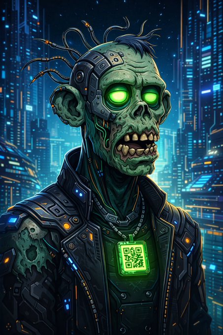 A digital illustration of a green, cybernetic zombie with glowing green eyes, wearing high-tech armor and a QR code necklace in a futuristic neon-lit cityscape.