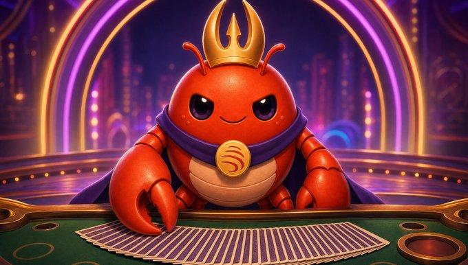 An illustrated red crab-like creature wearing a golden crown and purple cape sits at a green felt card table, holding a fan of playing cards with the letter 'S' on its chest medallion.