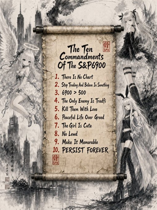 A decorative scroll displays "The Ten Commandments Of The S&P6900," listing ten humorous rules including "1. There Is No Chart," "5. Kill Them With Love," and "10. PERSIST FOREVER," framed by anime-style female figures with wings and bunny ears against a city skyline. The image humorously reinforces the post's message by codifying the "no chart" philosophy as the very first commandment, emphasizing that engagement should replace chart-sharing in the SPX6900 community.