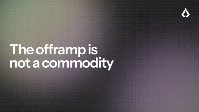 A dark gradient background with white text reading 'The offramp is not a commodity' alongside a small water drop logo.