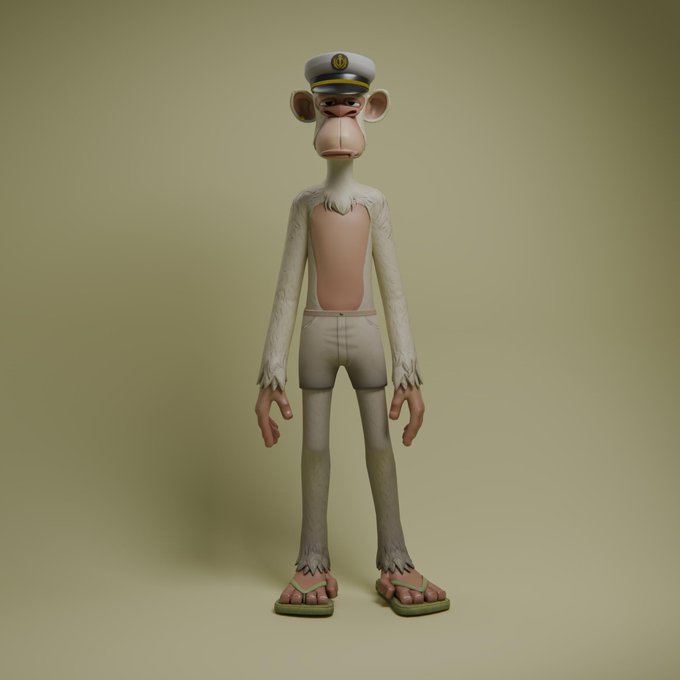 A 3D rendered Bored Ape Yacht Club character stands wearing a sailor's cap, white fur, and shorts, paired with flip-flops and a serious expression. The image humorously references owning a digital ape character that appears "bored," connecting to the post's sentiment about being a proud Bored Ape NFT owner.