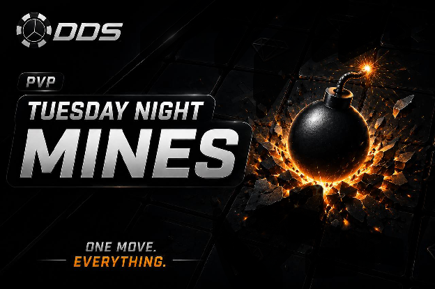 A gaming promotional graphic for 'DDS PVP TUESDAY NIGHT MINES' featuring a bomb with a lit fuse, with the tagline 'ONE MOVE. EVERYTHING.'