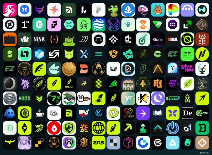 The image is a grid collage of various stylized app icons, logos, and brand symbols with a black background, resembling iOS or Android app icons. Some visible text includes "SLVR," "EZ," "Hood," "7," "W," "MYIN," "Stupid Nook," "De," and "Gami," reflecting the diverse ecosystem of digital brands and apps referenced in the post.