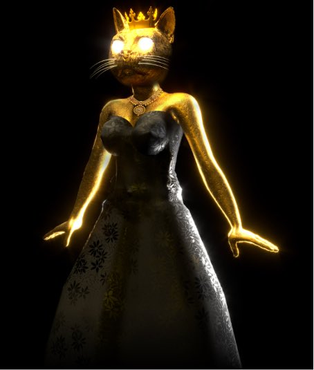 A 3D rendering of a cat-headed figure with glowing golden skin wearing a black dress and a golden crown against a dark background.