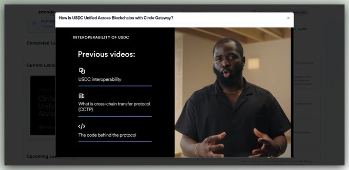 A video thumbnail titled "How is USDC Unified Across Blockchains with Circle Gateway?" features a man in a dark polo shirt speaking, with links to previous videos on USDC interoperability, the cross-chain transfer protocol (CCTP), and the code behind the protocol. The image illustrates the post's mention of the new 101 series and the growing onchain economy hub at Arc House.