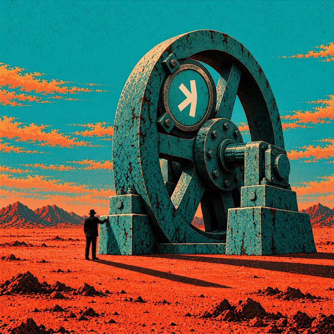 A lone figure stands beside a massive weathered machine wheel in a stylized orange-and-teal desert landscape. The image accompanies the post “the intern has been asked to stop calling all kaspa tek gud tek. request denied.” with no visible text or numbers in the artwork.